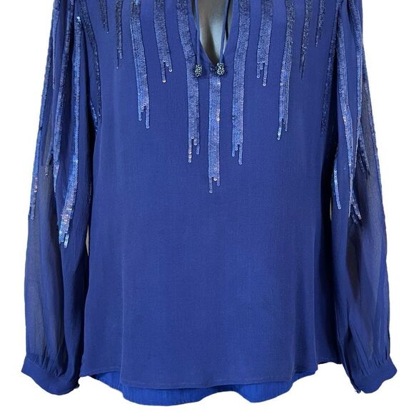 Frederika May Royal Blue Sequined Silk Long Sleeve Blouse - Picture 3 of 11